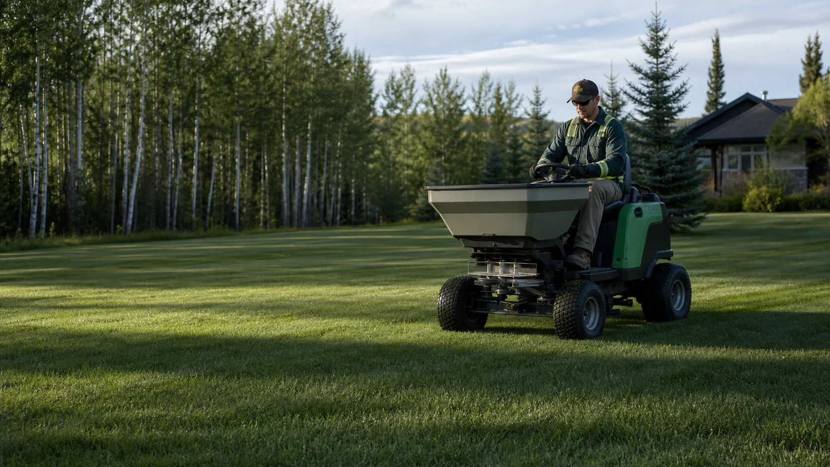 Broadcast spreader feeding a lawn